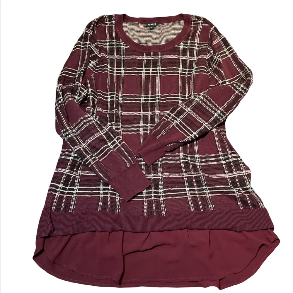 Torrid Plus Size 3 Maroon Plaid Sweater with Feminine Trim